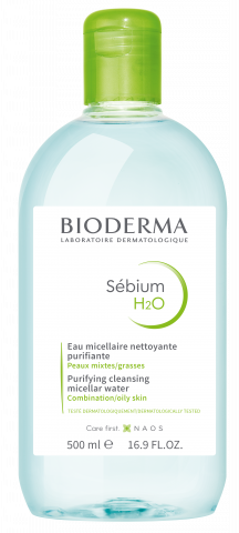 BIODERMA photo produit, Sebium H2O 500ml, eau micellaire nettoyante démaquillante, peaux mixtes à grasses